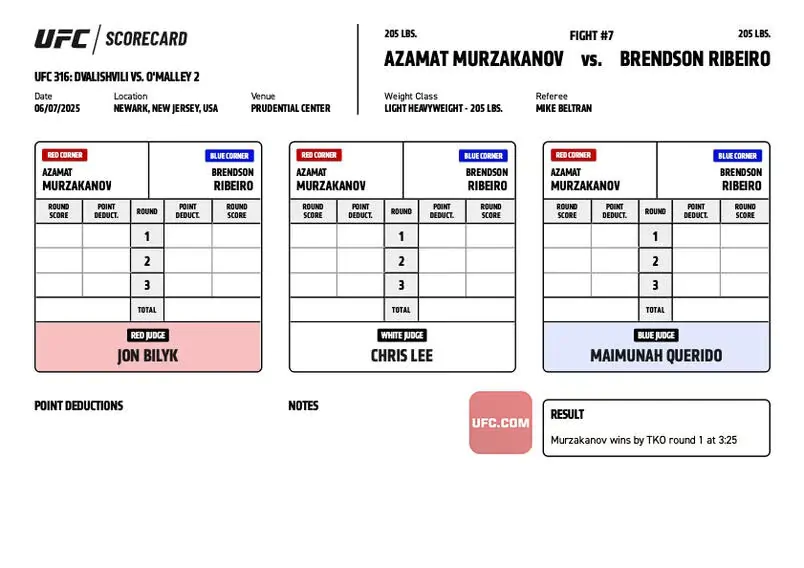 UFC 316: Официальные записки судей