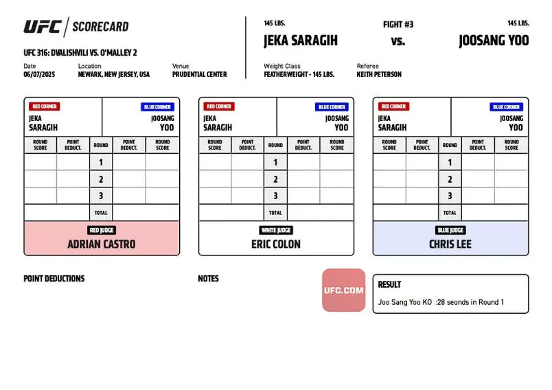 UFC 316: Официальные записки судей