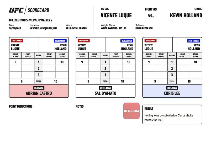 UFC 316: Официальные записки судей