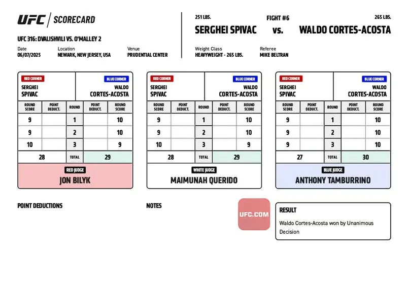 UFC 316: Официальные записки судей