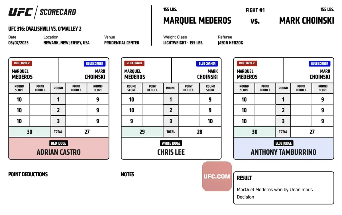 UFC 316: Официальные записки судей