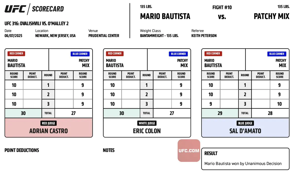 UFC 316: Официальные записки судей
