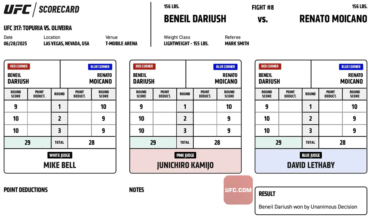 UFC 317: Официальные записки судей