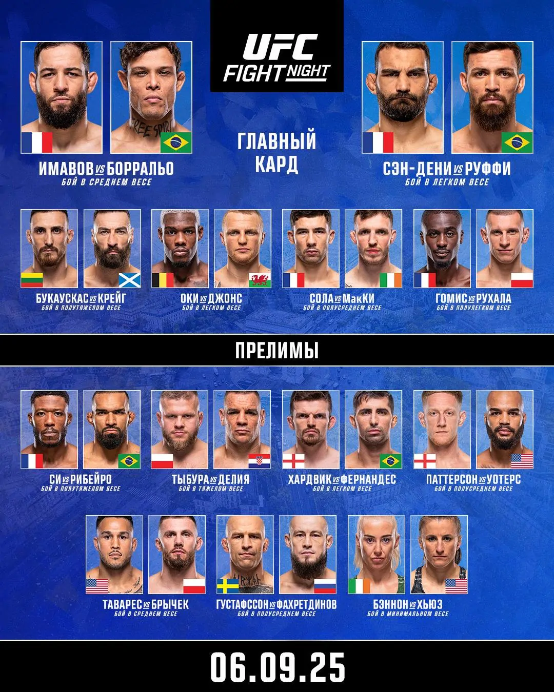 UFC Париж (сегодня 6 сентября): кард участников и где смотреть